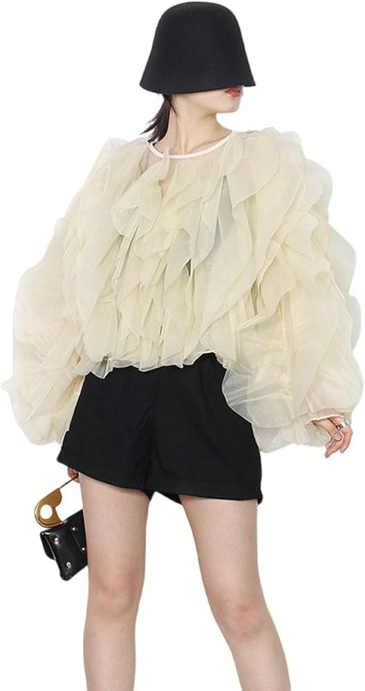 Women Mesh Tulle Puffy Shirt Casual Layered Long Sleeve Elegant Blouse Solid Short Ruffle Party T... | Amazon (US)