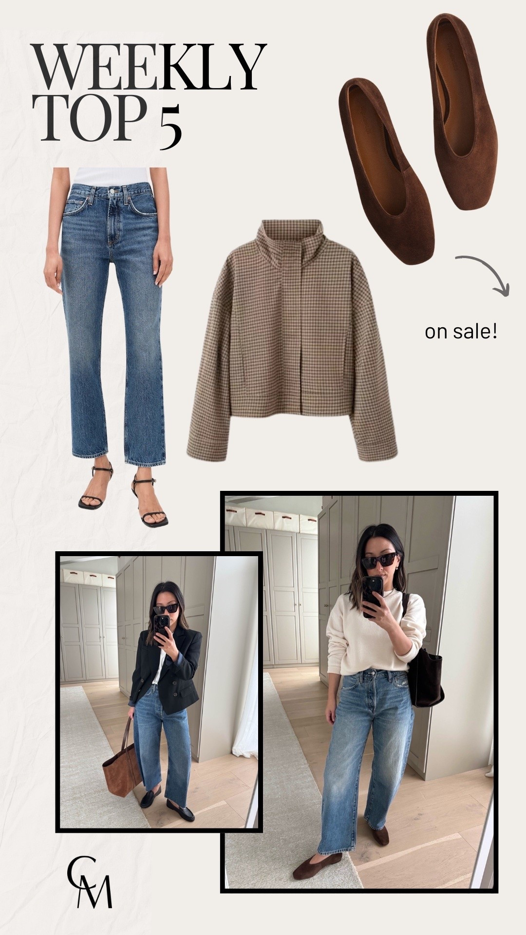 weekly bestsellers.

weekly top sellers

1. AGOLDE Luna jeans 25 (cut hems)
2. AGOLDE Valen jeans 25 (cut hems) 
3. Mango check jacket xs
4. Madewell sweater medium- size up for a roomy fit 
5. Madewell ballet flats 5