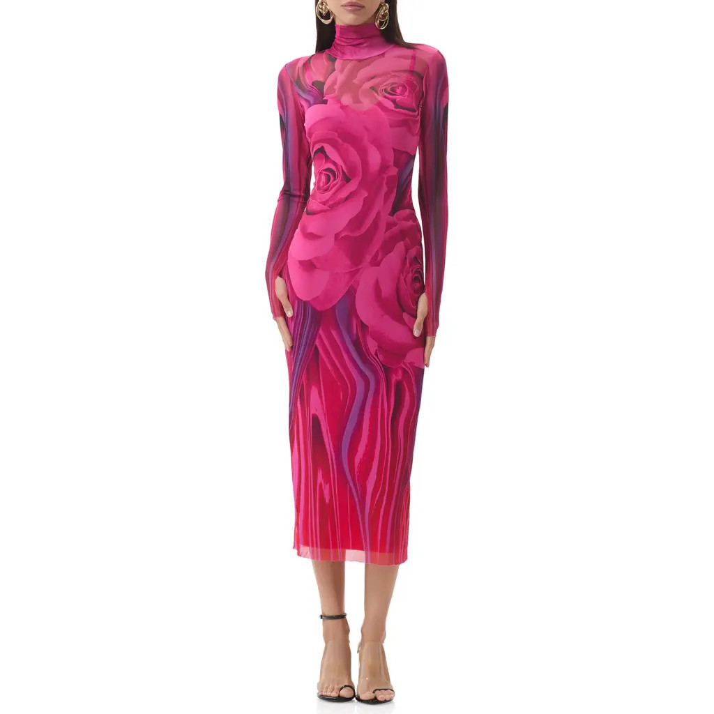 AFRM Shailene Print Long Sleeve Powermesh Body-Con Midi Dress in Fuchsia Rose at Nordstrom, Size Small | Nordstrom
