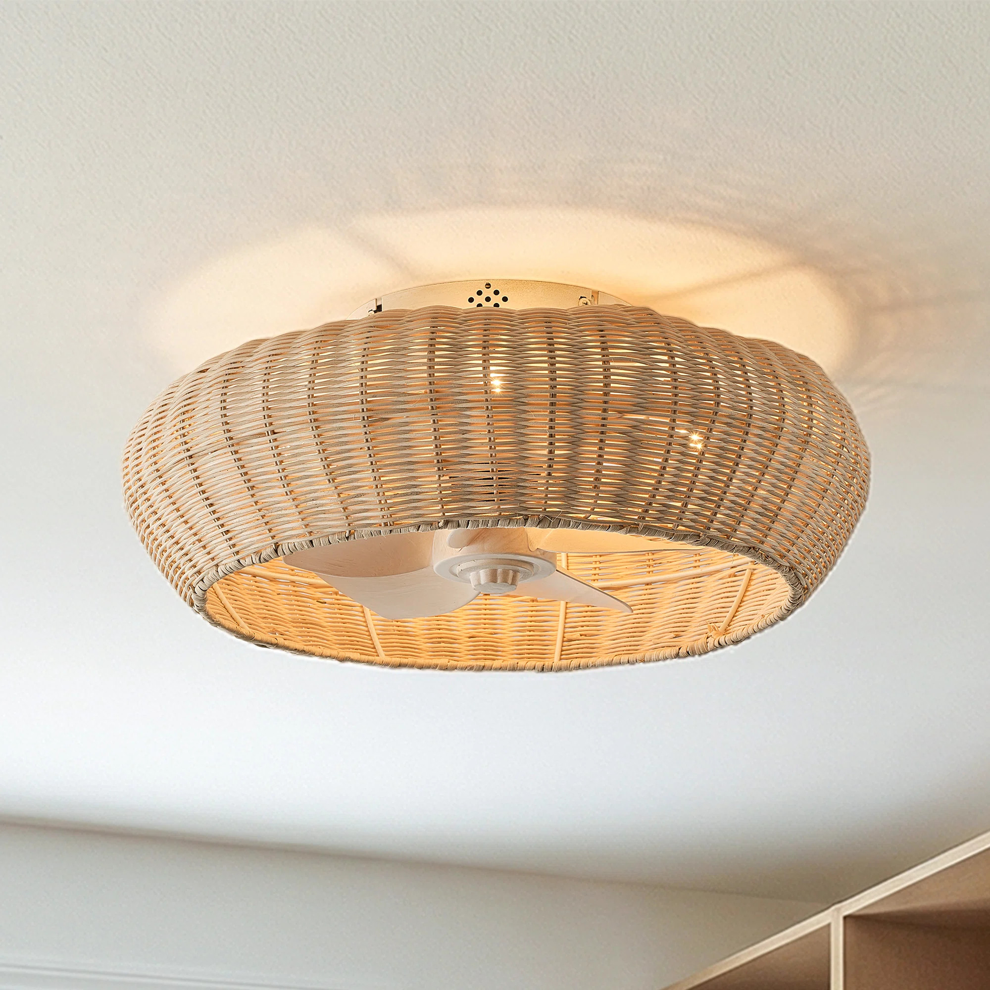 20" Boho Coastal Flush Mount Woven Rattan Ceiling Fan With Light And Remote | Wayfair North America