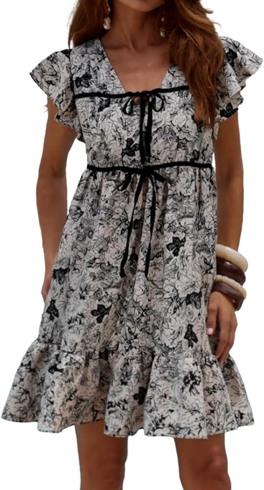 YUNDAI Women’s Floral Ruffle Mini Dress Tie Front Boho Short Sleeve Summer Outfit | Amazon (US)