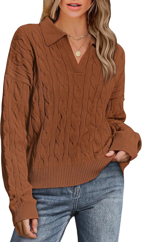 WIHOLL Long Sleeve Sweaters for Women 2024 Fall Winter Outfits Fashion Polo V Neck Clothes Tops | Amazon (US)