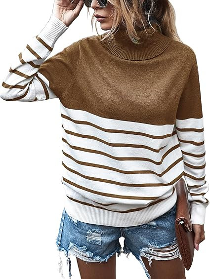 KIRUNDO 2023 Fall Winter Women's Turtleneck Knitted Sweater Long Sleeve Striped Color Block Loose... | Amazon (US)