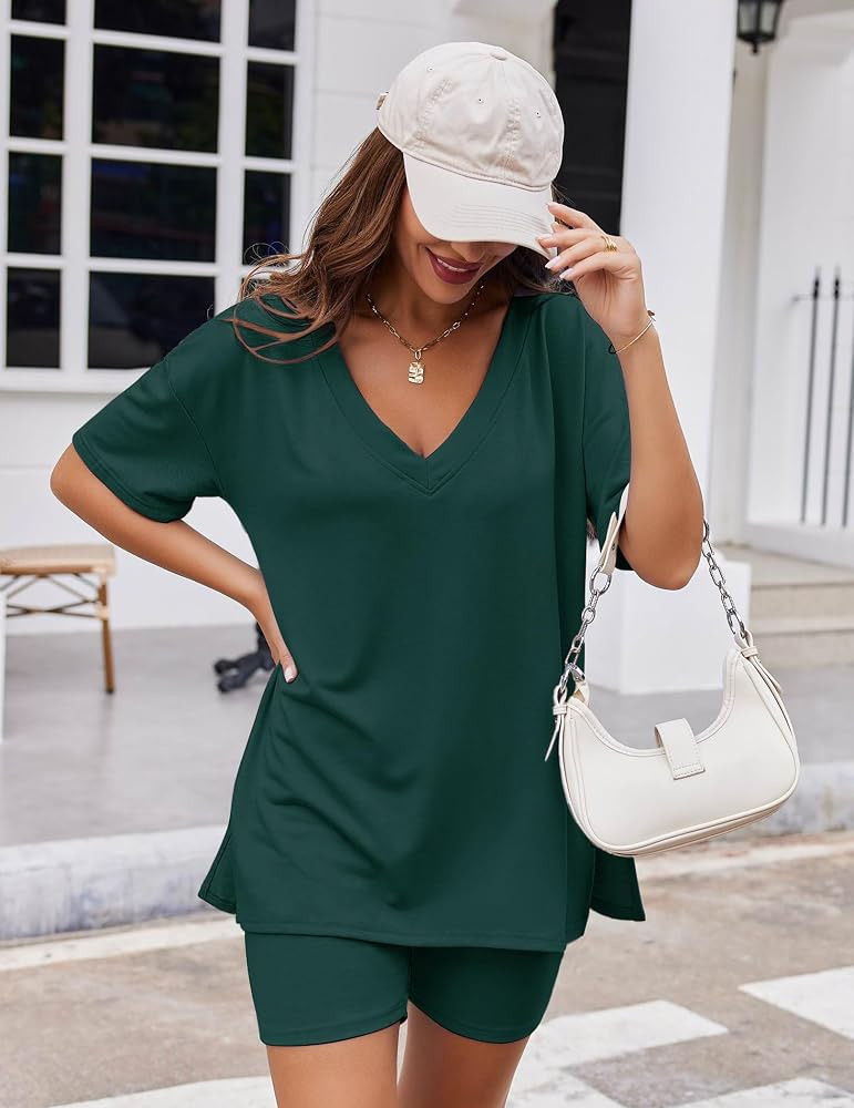 Ekouaer Womens Pajamas 2 Piece Lounge Sets Oversized V Neck T-Shirts Tops Biker Shorts Set Workou... | Amazon (US)