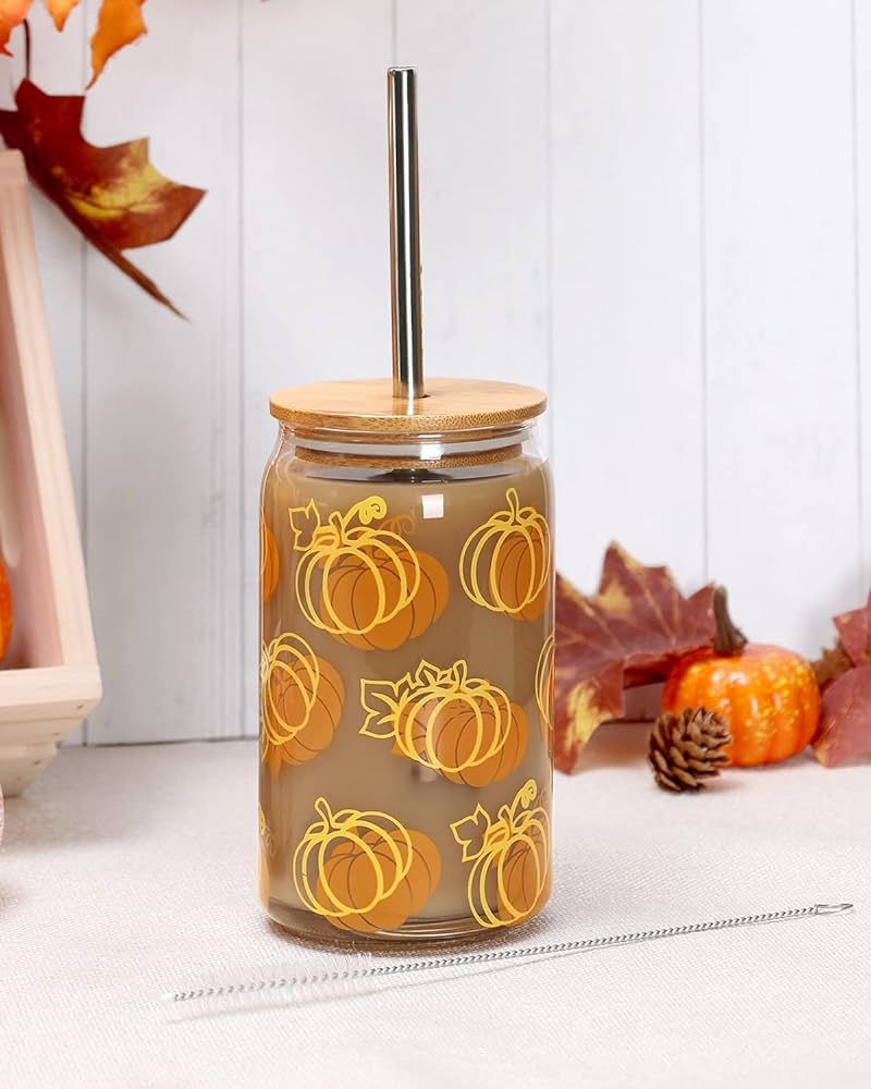 Pumpkins Beer Can Glass Fall Iced Coffee Glass Halloween 16 OZ Soda Can Shaped Glass with Lid Str... | Amazon (US)