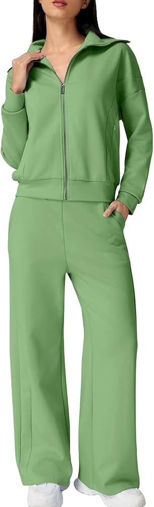 QINSEN Women's Cotton 2 Piece Outfits Lapel Long Sleeve Zip Up Sweatshirt Wide Leg Pants Matching... | Amazon (US)