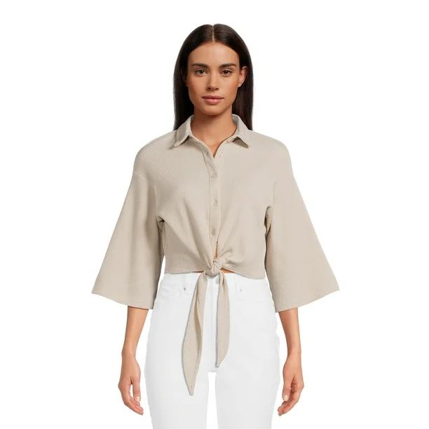 Label Rail x CheapChicFinds Women's Waffle Jersey Tie Front Sweatshirt | Walmart (US)