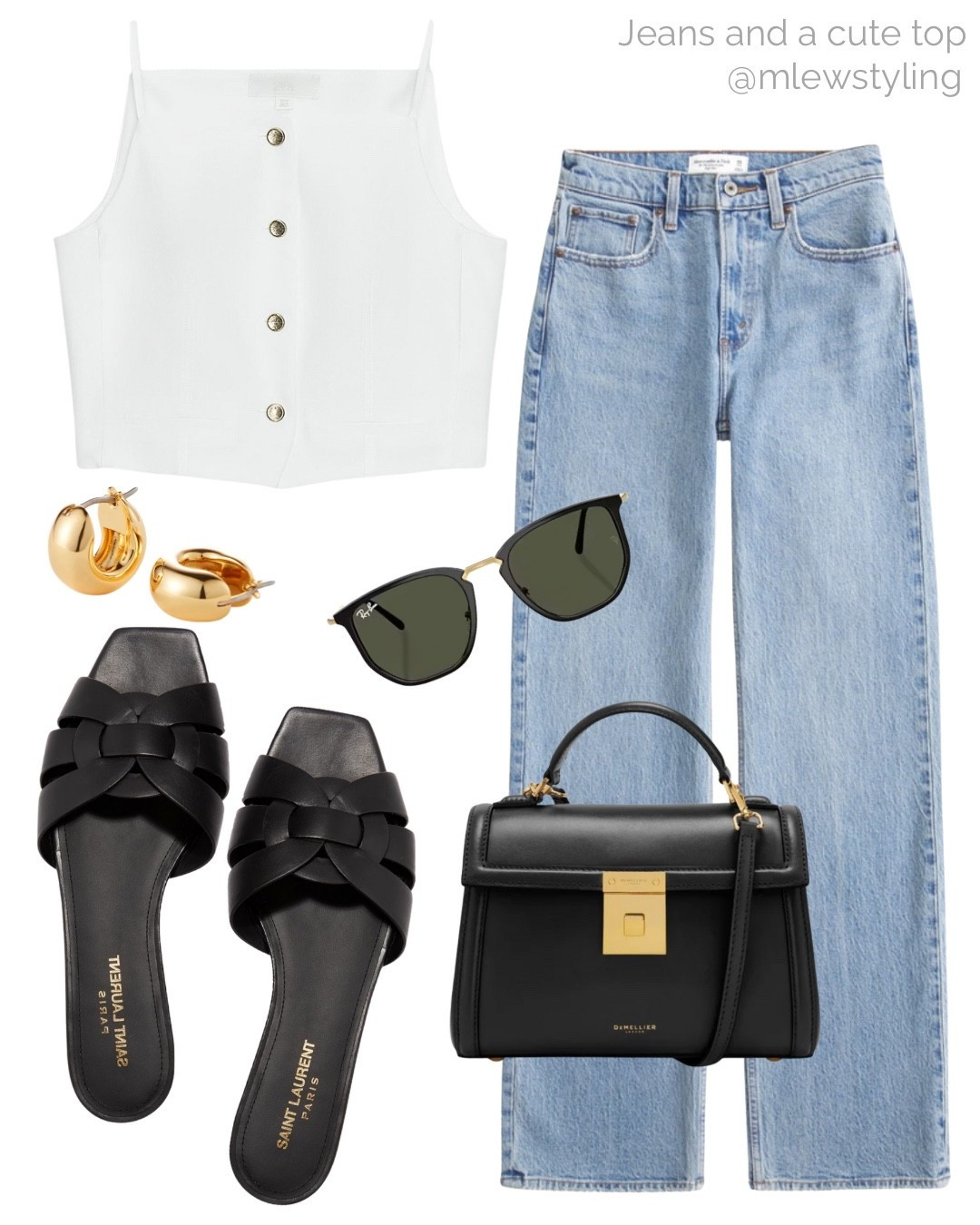 Neutral summer outfit with Abercrombie jeans and white Zara vest 🤍

Tags: saint Laurent tribute sandals, DeMellier bag, rayban sunglasses, Jenny bird gold hoop earrings, neutral aesthetic, weekend outfit 

#LTKStyleTip #LTKShoeCrush #LTKItBag