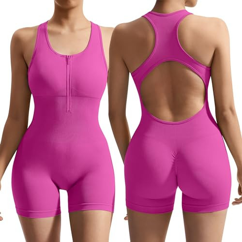 OMKAGI Women Seamless Zip Up Front One Piece Jumpsuits Shorts Racerback Tummy Control Workout Romper Sleeveless Yoga Bodycon(X-Large,#51 Hot Pink) | Amazon (US)