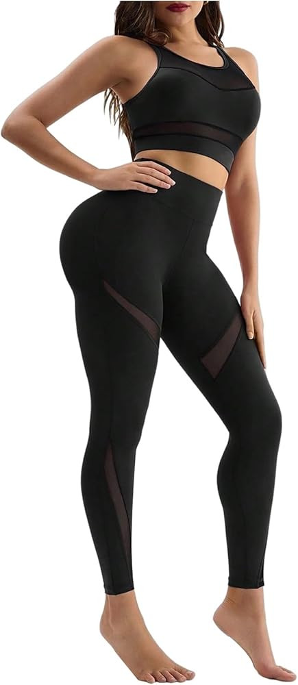 SweatyRocks Women's Workout Sets Contrast Mesh Racerback Crop Tank Top and Leggings 2 Piece Gym O... | Amazon (US)