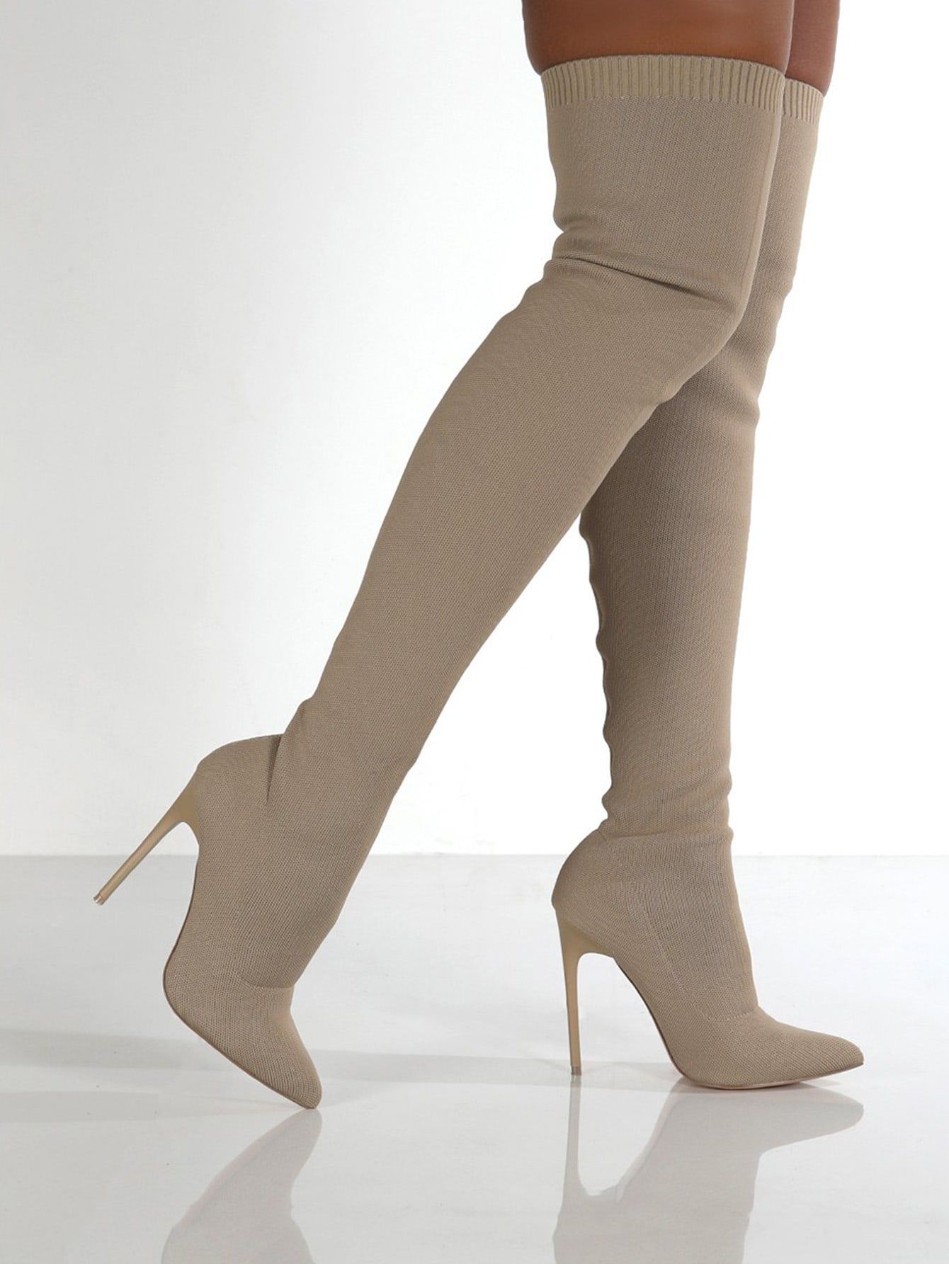Women Minimalist Point Toe Stiletto Heeled Over The Knee Sock Boots | SHEIN