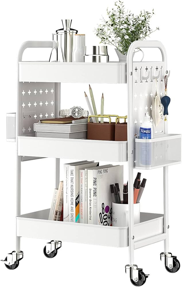 TOOLF 3-Tier Rolling Cart, Metal Utility Storage Cart with DIY Pegboards, Art Craft Trolley with ... | Amazon (US)