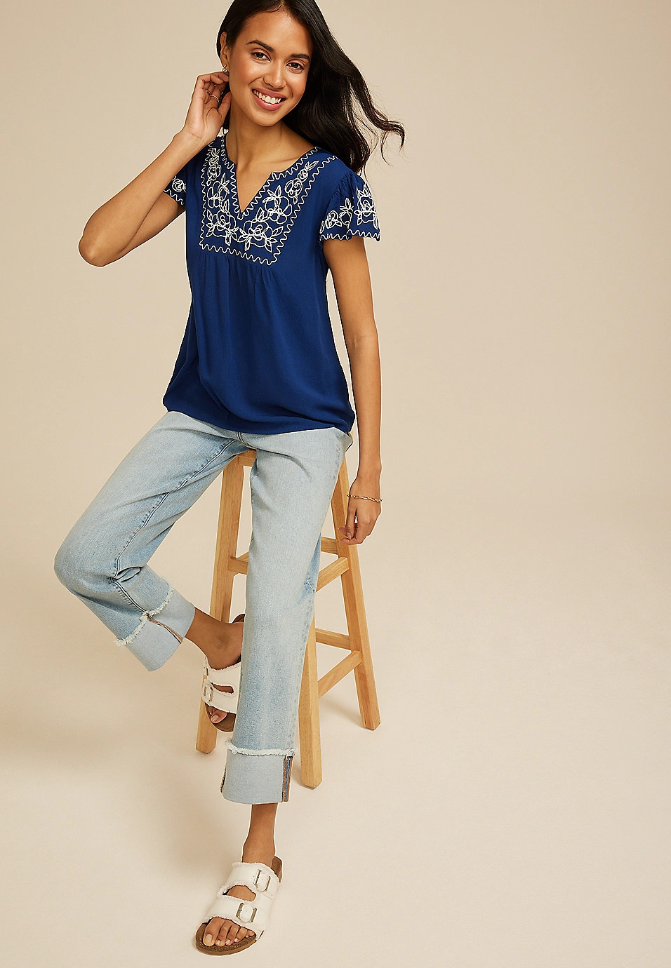 Navy Embroidered Split Neck Short Sleeve Blouse | Maurices