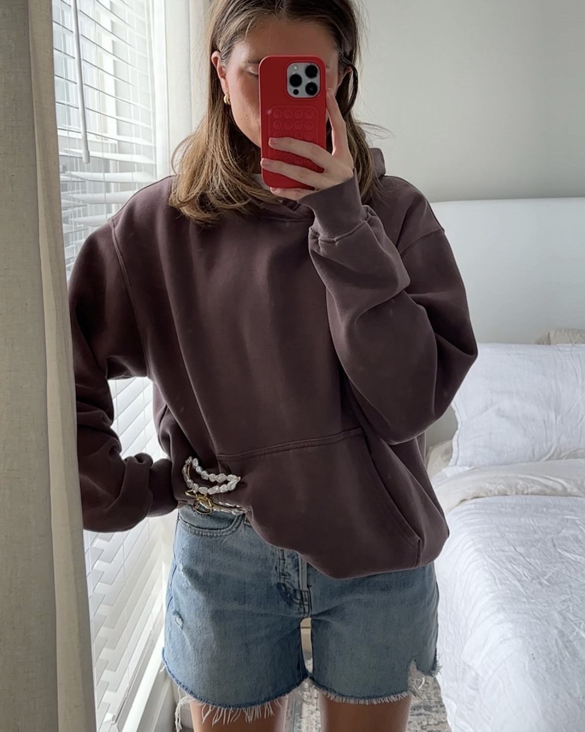 casual ootd! sweatshirt is an old color but linking the exact fit with other colors avail! wearing size L in hoodie & 26 in shorts #LTK #ootd #OutfitInspo #Spring #Aritzia 