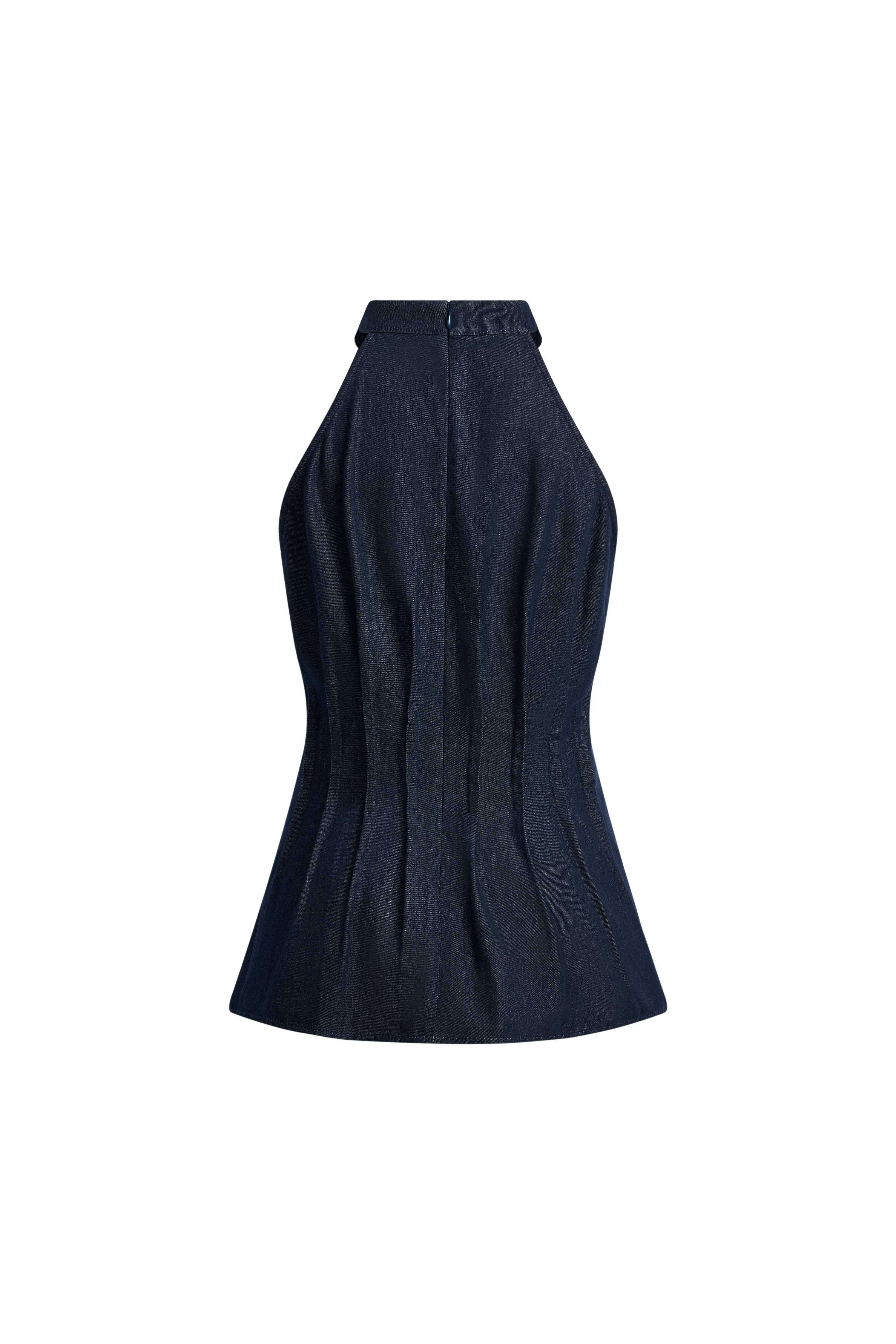 Brooke Handwork Pleats Halter Neck Top in Acetate Tencel Denim | Fabrique