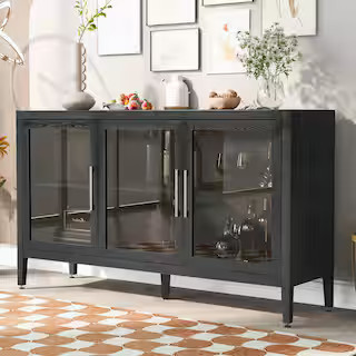 Harper & Bright Designs Black Wood 58.2 in. W. Sideboard with Three Tempered Glass Doors and Adju... | The Home Depot