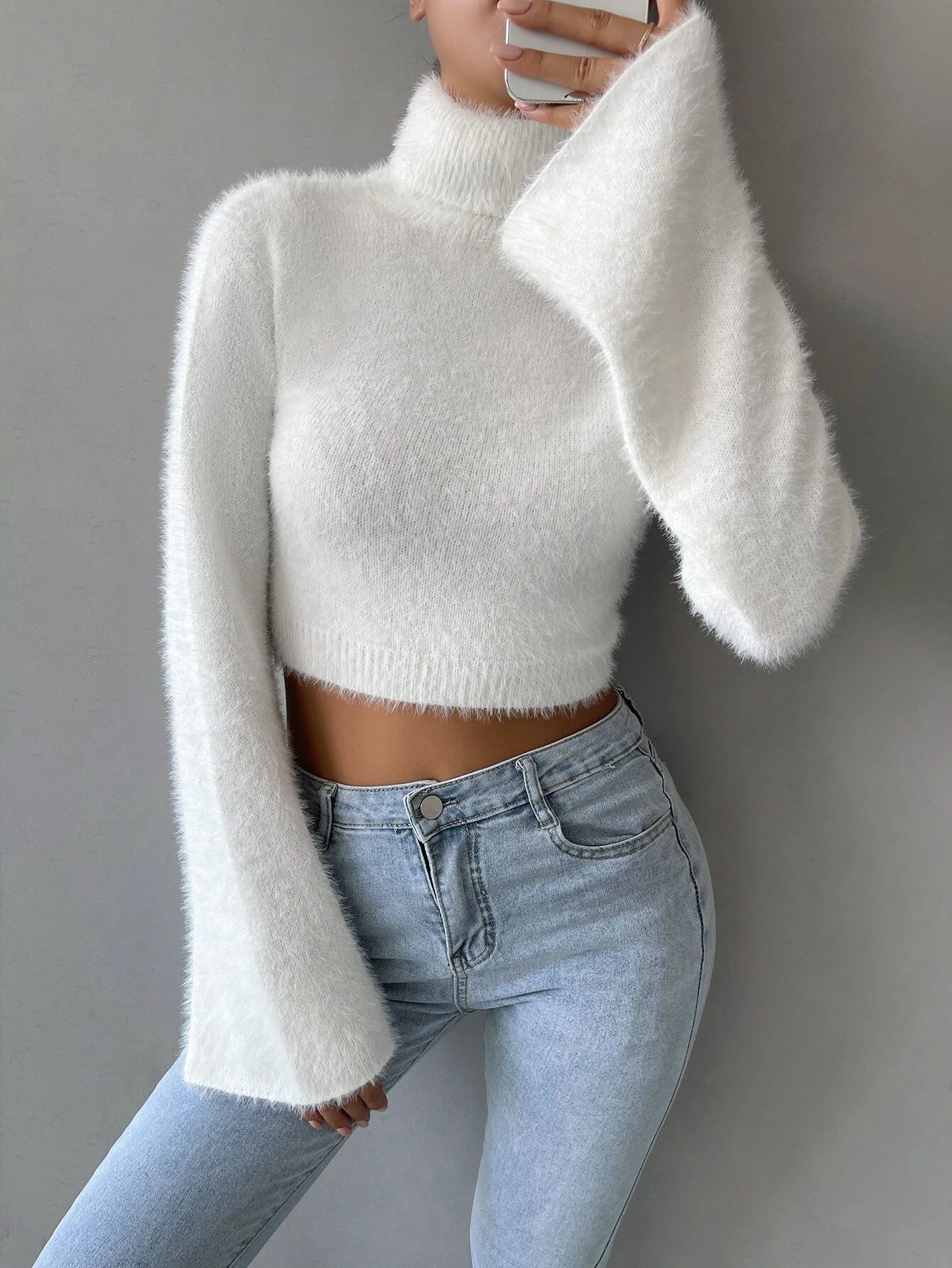 Rolled Neck Crop Fuzzy Sweater | SHEIN