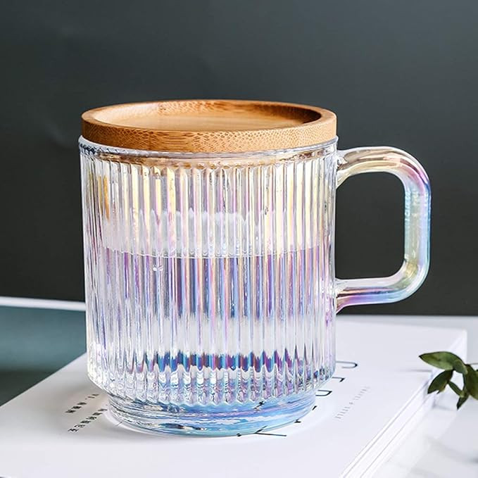 Lysenn Iridescent Glass Coffee Mug with Lid - Premium Classical Vertical Stripes Glass Tea Cup - ... | Amazon (US)