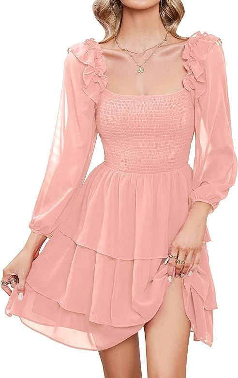 Byinns Women's Smocked Ruffle Mini Dress Square Neck Long Sleeve Party Dress Cute Cottagecore Wed... | Amazon (US)