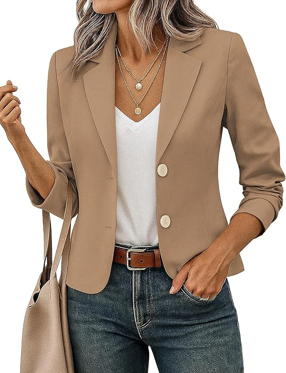 Women's Business Casual Cropped Blazer Lapel Collar Long Sleeve Work Office Suit Jacket with Full... | Amazon (US)