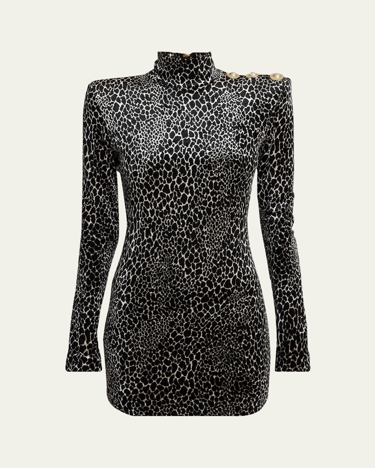 Leopard Velvet Button Strong-Shoulder Mini Dress | Bergdorf Goodman