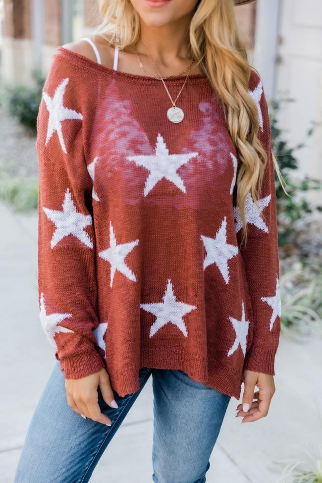 Born A Star Distressed Sweater Rust | The Pink Lily Boutique
