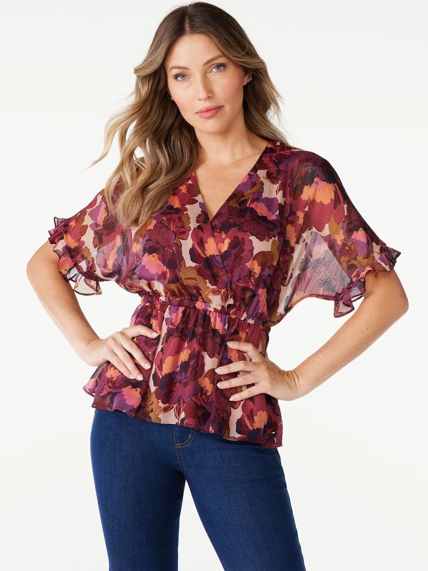 Sofia Jeans Women's Faux Wrap Peplum Top with Short Sleeves, Sizes XXS-3XL | Walmart (US)