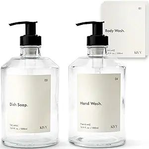 KIVY Glass Soap Dispenser Set + Waterproof Labels - Refillable Hand soap Dispenser - Soap and Lot... | Amazon (US)