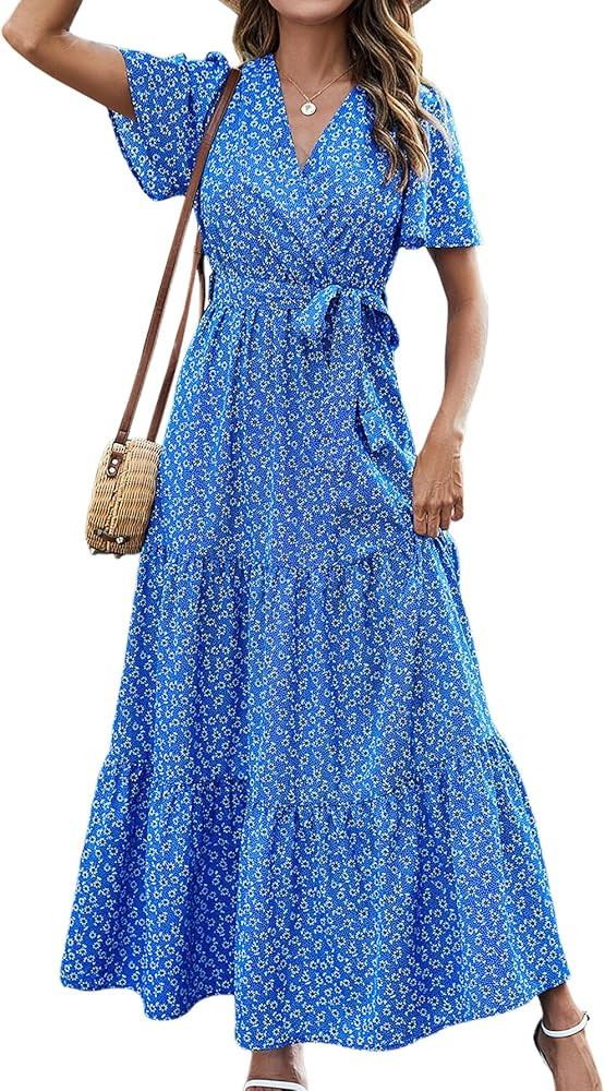 MASCOMODA Womens Summer Swiss Dot Maxi Dressses Wrap V Neck Flutter Short Sleeve Boho Casual Flow... | Amazon (US)