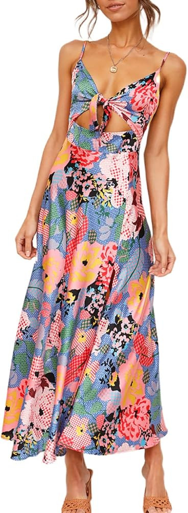 Dokotoo Womens 2022 Summer Floral Print Spaghetti Strap Sundress V Neck Tie Front Maxi Dress | Amazon (US)