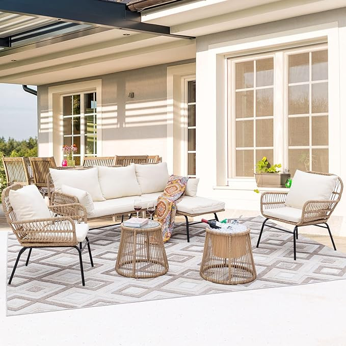 NICESOUL® 6 Pcs Boho Outdoor Small Patio Furniture Lounge Set with Beige Cushion and Round Glass... | Amazon (US)