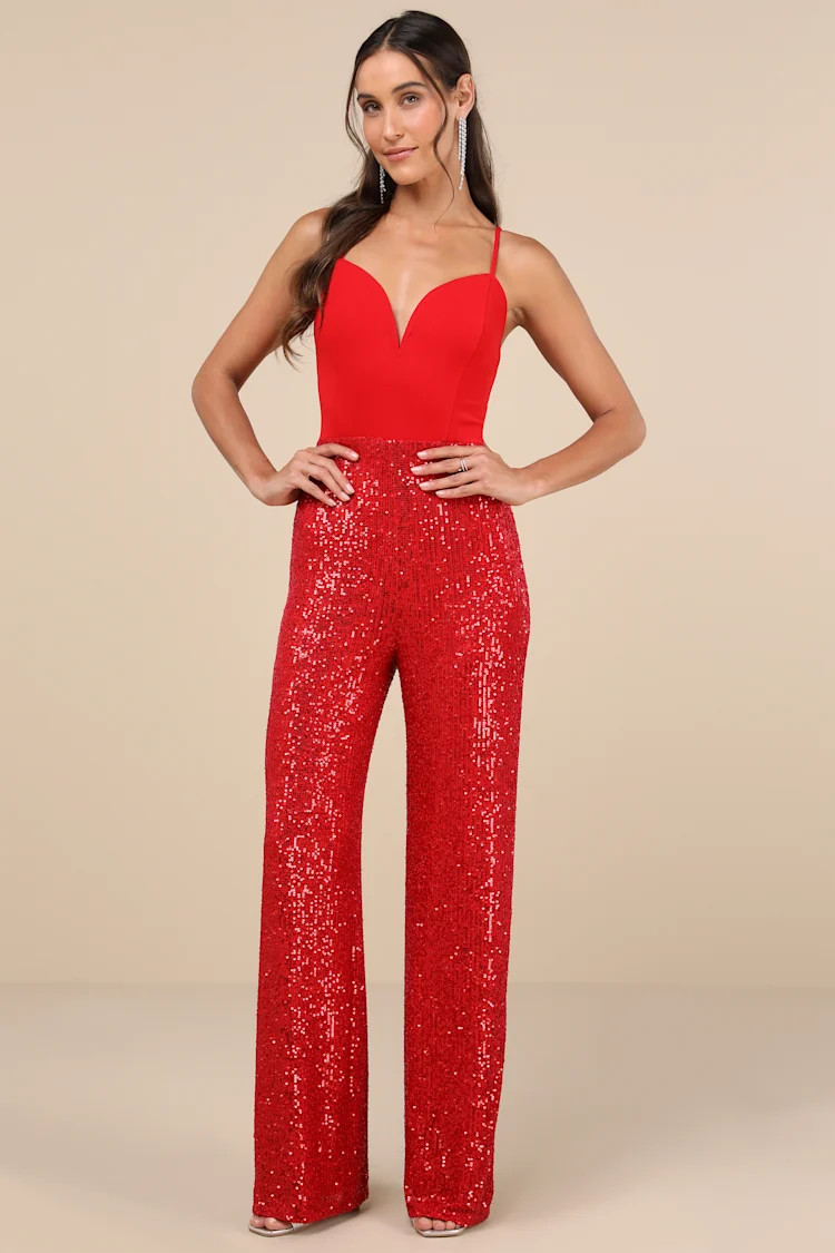 Dazzling Vision Red Sequin Sleeveless Wide-Leg Jumpsuit | Lulus