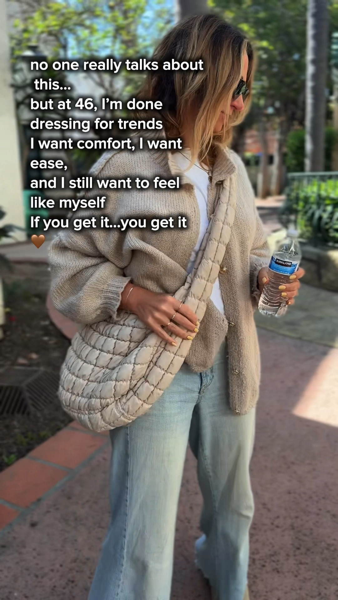 spring outfits 2026 | comfortable outfits | elevated basics | casual mom outfits 🤍

Spring still calls for cozy sometimes and this is one of my favorite easy outfit formulas lately… oversized soft cardigan, wide leg denim from @Anthropologie that drapes beautifully, and uggs for that comfortable but still put together feel.

The cardigan runs very oversized and will pill (I saw that in reviews), but I use a sweater shaver and honestly think it’s worth it because it’s so soft and cozy.

These pants are a staple for me—I have them in multiple colors because the fit is so flattering and they drape really beautifully. True to size and just an easy everyday denim.

UGGs aren’t exactly true to size for me, so just keep that in mind when ordering.

Also linking my favorite sunglasses (the ones I’ve shared before!)—they’re around $50, look designer, and I get so many compliments on them.

And this quilted puffer bag gives that Free People–inspired look but is actually Amazon 🙌🏼 I use it as a gym bag too which I love.

Comfortable, effortless, and still put together… my favorite kind of outfit lately.

most of these pieces are under $50 with fast shipping 🙌🏼