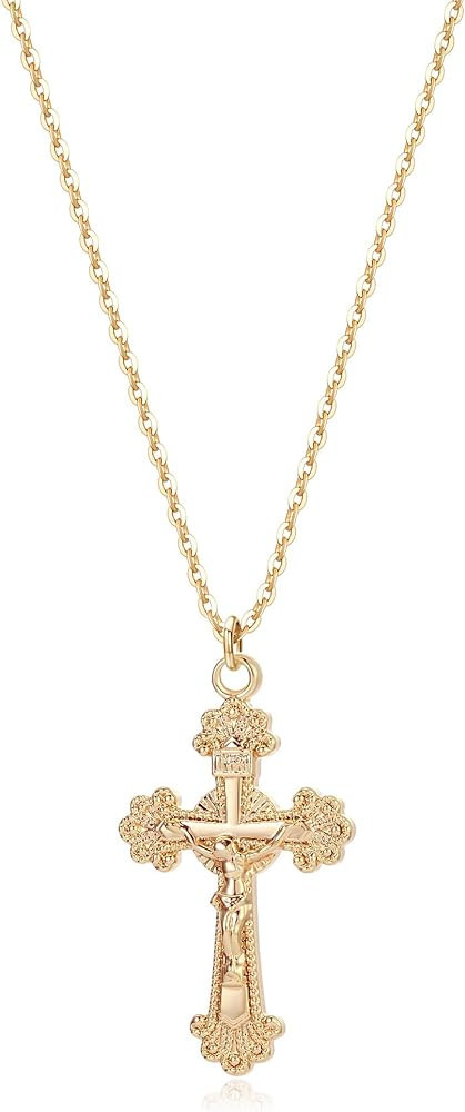 Fettero Cross Necklace Faith Pendant 14K Plated Dainty Chain Minimalist Simple Tiny God Lords Pra... | Amazon (US)
