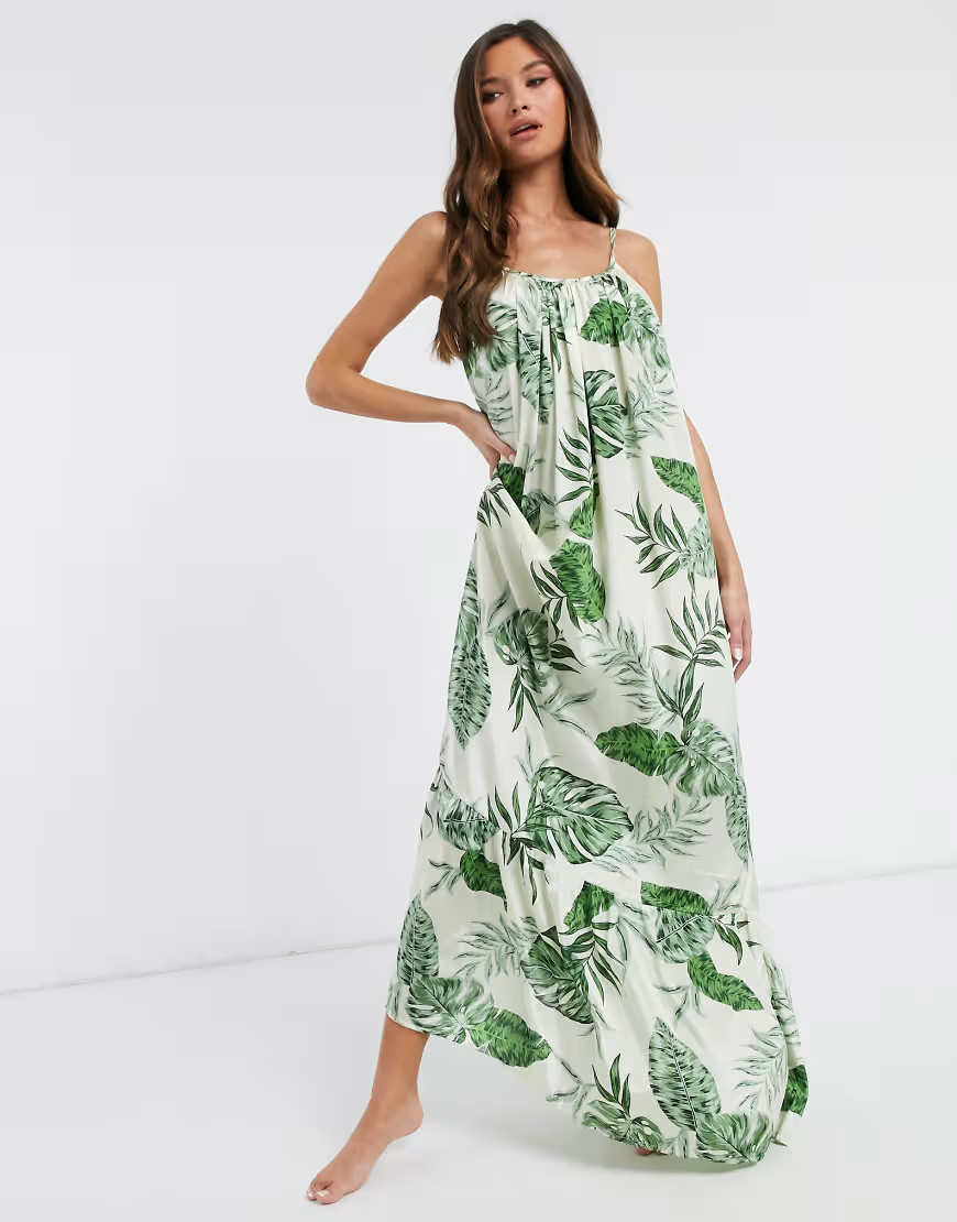 ASOS DESIGN oversized tiered maxi beach dress in supersize green palm-Multi | ASOS (Global)