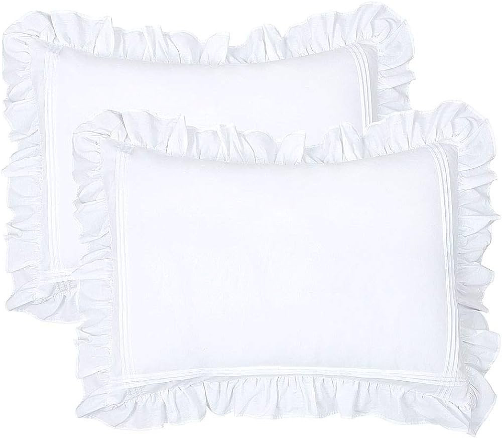 Ruffled Pillow Shams White Standard Set of 2 Lace Pillowcases Shabby Chic Bright Farmhouse Ruffle... | Amazon (US)