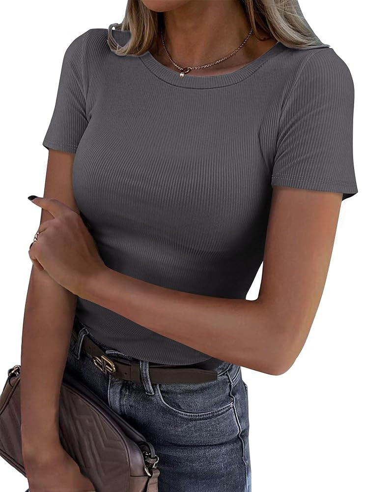 Roselux Women Crew Neck Ribbed Fitted Tight Tshirt Short Sleeve Shirt Basic Knit Top | Amazon (US)