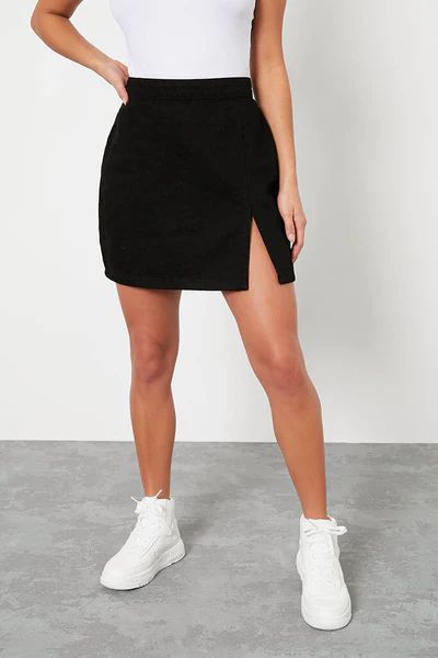 Black Petite High Waisted Split Detail Denim Mini Skirt | ISAWITFIRST UK