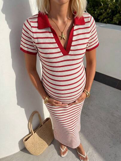 SHEIN Summer Outfits,  Maternity Clothes,Maternity Dress,Red Collared Striped Knit Dress For Preg... | SHEIN