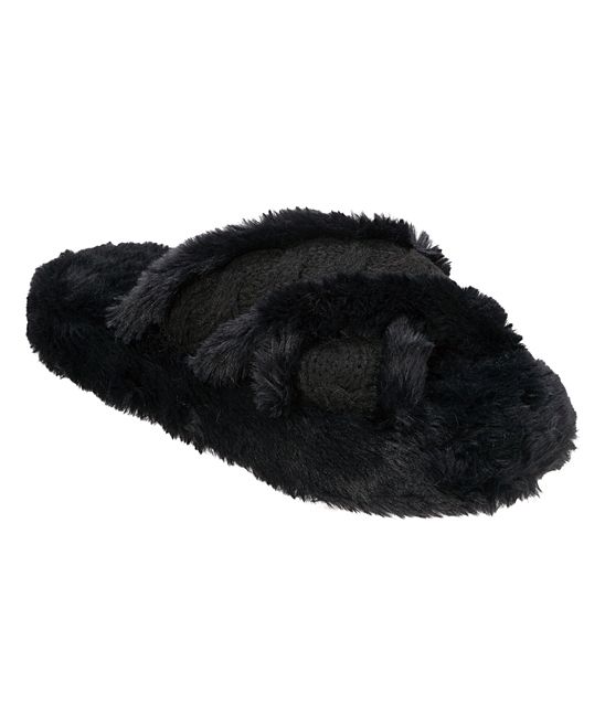 Dearfoams Women's Slippers Black - Black Crisscross Faux Fur Slipper - Women | Zulily
