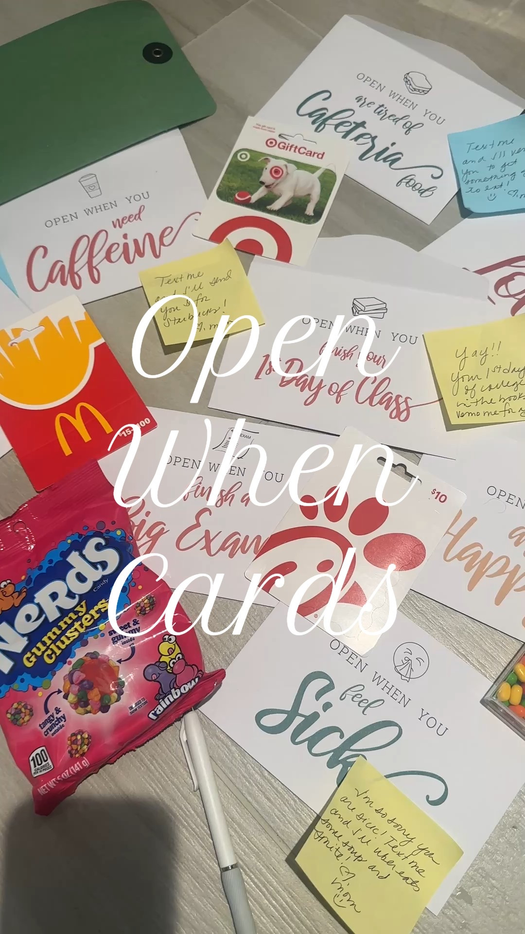 Put these together on the hotel bathroom floor the morning we left our daughter in her college town. I added little notes, candy and gift  cards to this Amazon set 