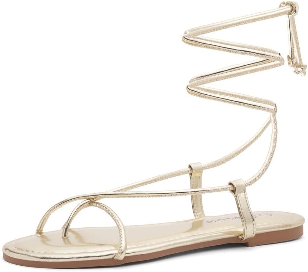 Shoe Land Womens SL-Auday Lace Up Flat Sandals Open Toe Wrap Ankle Strap Shoes | Amazon (US)