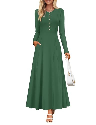 ZESICA Women's Elegant Maxi Dresses 2025 Fall Long Sleeve Button Casual A Line Boho Flowy Dress with Pockets,BlackishGreen,X-Large | Amazon (US)