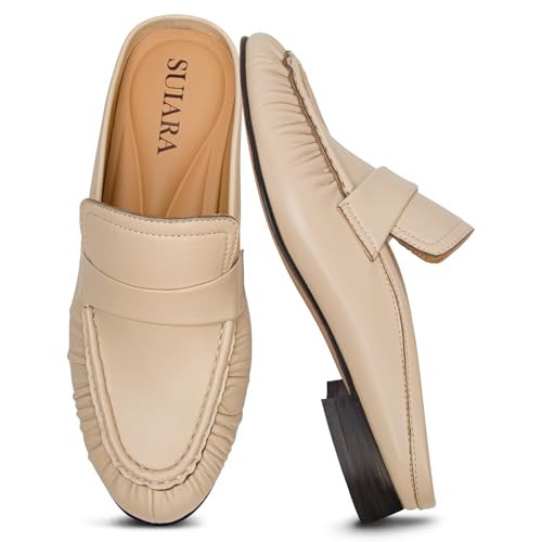 SUIARA Beige Loafers for Women Chunky Heel Flat Loafer Mules Comfortable Backless Loafers Round Toe Slip on Casual Slides Shoes | Amazon (US)