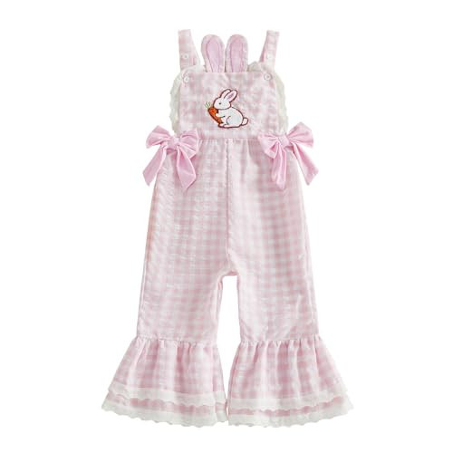 Adobabirl Toddler Baby Girl Easter Outfit Overalls Easter Eggs Bunny Embroidery Romper Flare Pants Bell Bottom Jumpsuit (Bunny Pink Plaid, 18-24 Months) | Amazon (US)