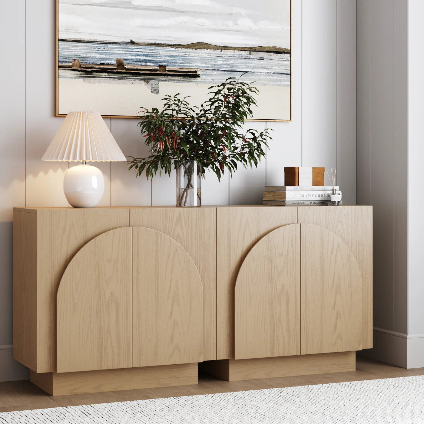 Wood Mid-Century Arched Storage Cabinet Credenza Gray Oak (Set of 2) | Nathan James