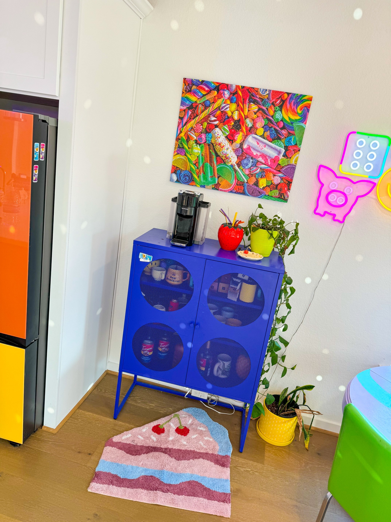 My favorite way to start the day- my rainbow coffee corner!!☕️🌈 This cabinet holds all of my coffee essentials & more!!! It is perfect storage for so many things!!💙