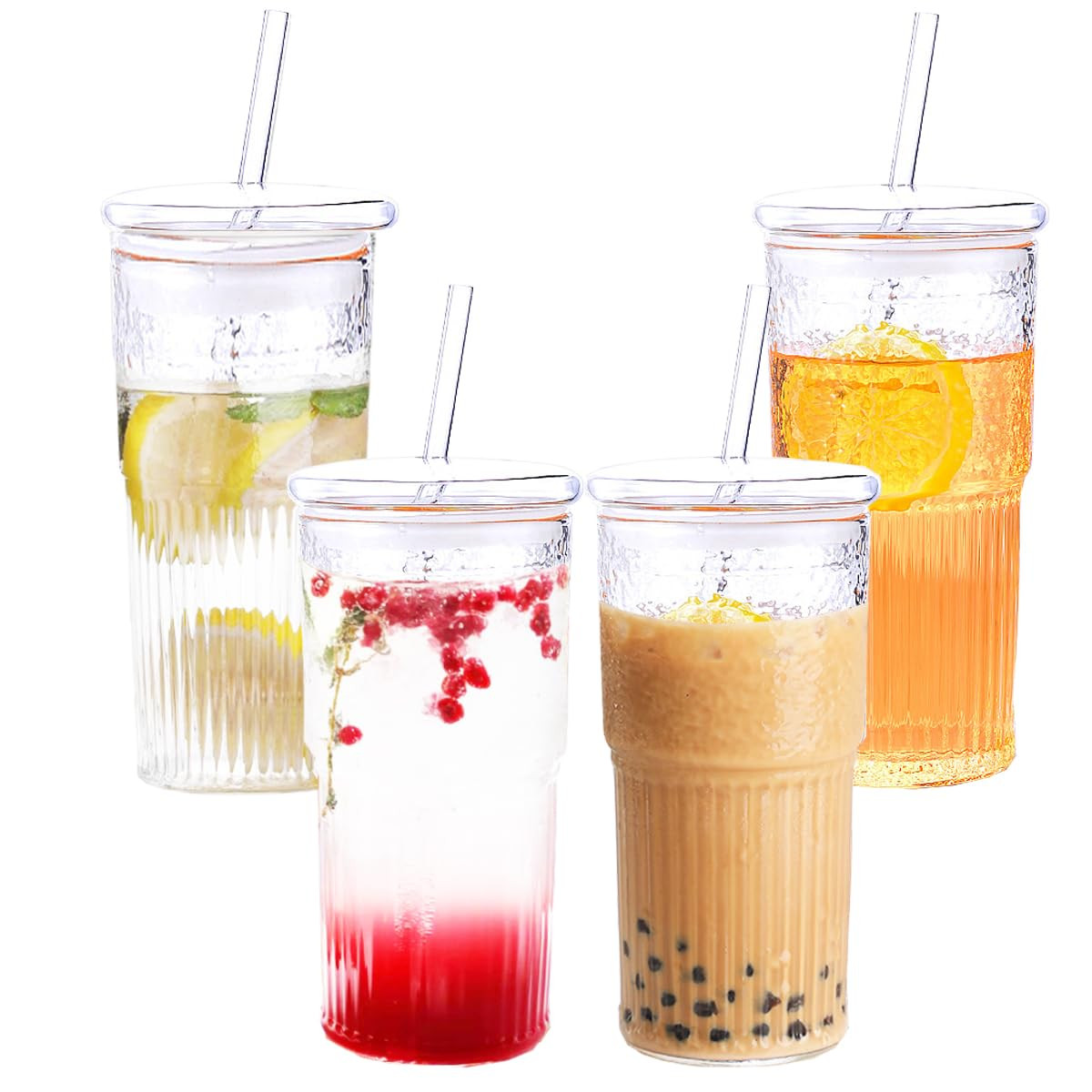 4 Packs 22 oz Glass Cups with Lids and Straws, Ribbed Coffee Mug, Tumbler Water Glass, Reusable W... | Amazon (US)