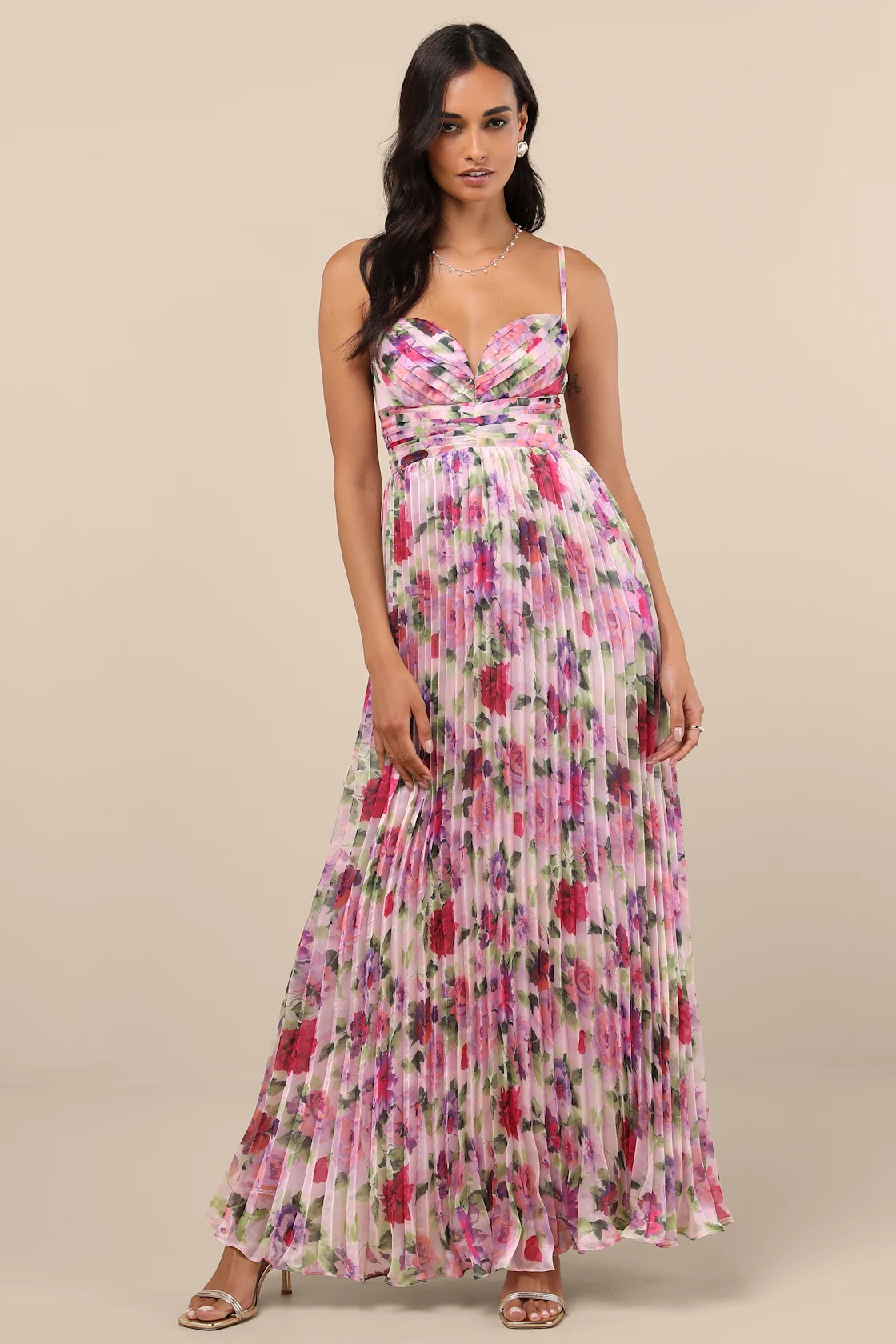 Samika Pink Multi Floral Satin Pleated Maxi Dress | Lulus
