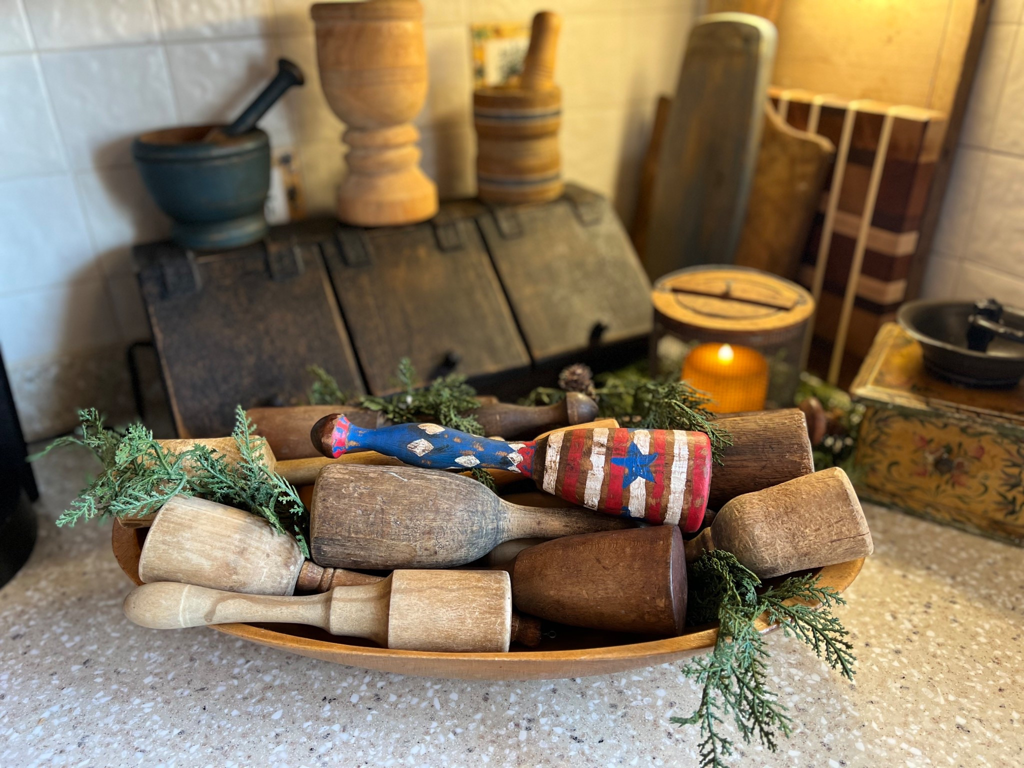 A couple years ago I ran across a painted masher on Pinterest but couldn’t find who it belonged to…I decided to paint one of my antique mashers and add it to a wooden bowl display! I still may distress it a bit more but am pretty happy with the outcome!!
 ❤️🤍💙 

#LTKHome #LTKdayinmylife #LTKSeasonal